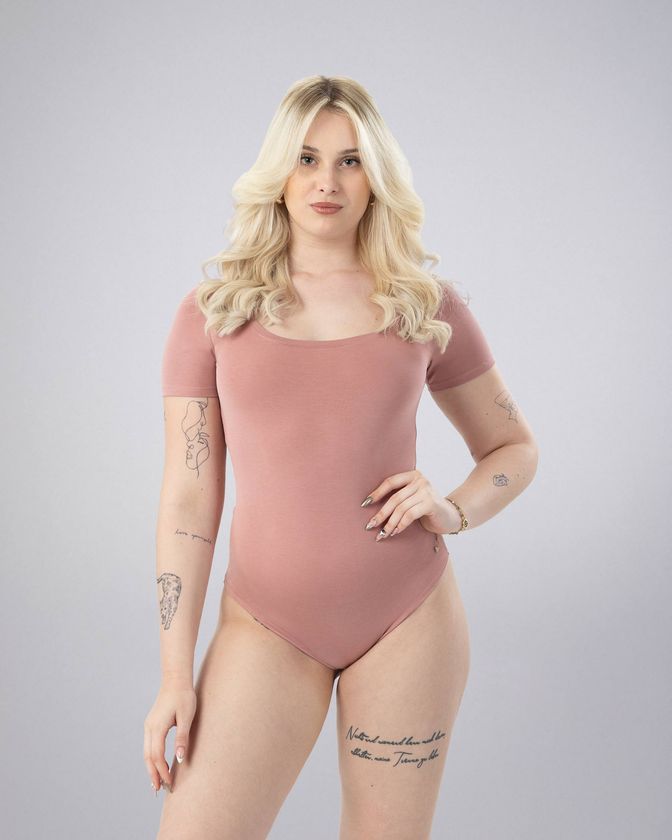 Leafletic Women's Modal Deep U Neck Short Sleeve Bodysuit